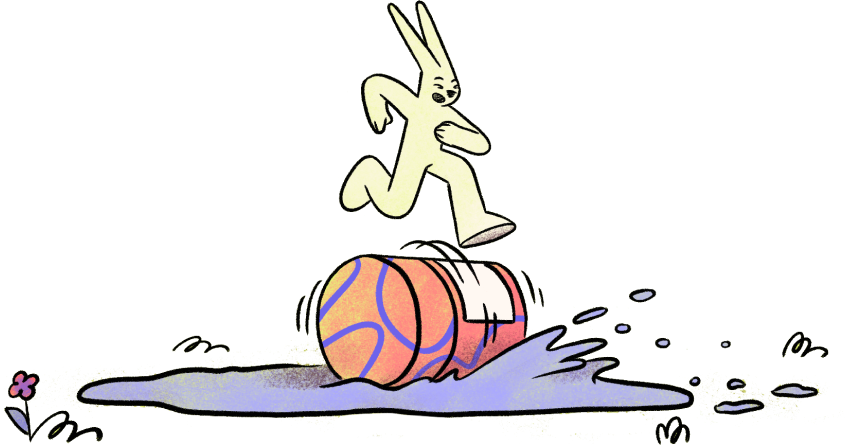 Light yellow bunny running on top of a barrel with mud or oil underneath